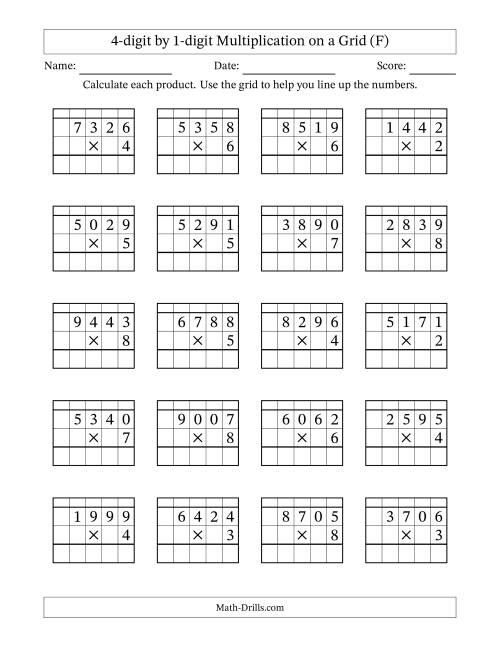 The 4-digit by 1-digit Multiplication with Grid Support Including Regrouping (F) Math Worksheet
