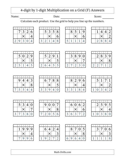 The 4-digit by 1-digit Multiplication with Grid Support Including Regrouping (F) Math Worksheet Page 2