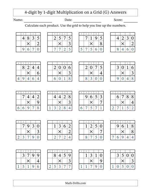 The 4-digit by 1-digit Multiplication with Grid Support Including Regrouping (G) Math Worksheet Page 2