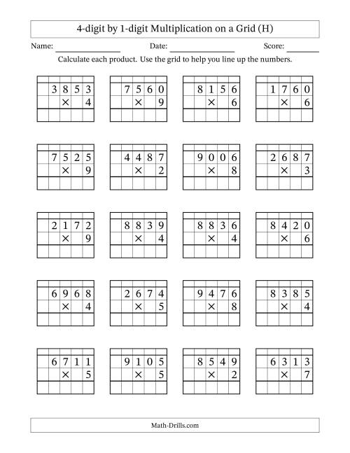 The 4-digit by 1-digit Multiplication with Grid Support Including Regrouping (H) Math Worksheet