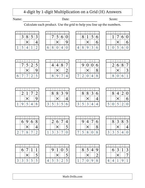 The 4-digit by 1-digit Multiplication with Grid Support Including Regrouping (H) Math Worksheet Page 2