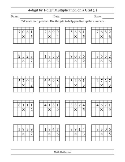 The 4-digit by 1-digit Multiplication with Grid Support Including Regrouping (J) Math Worksheet