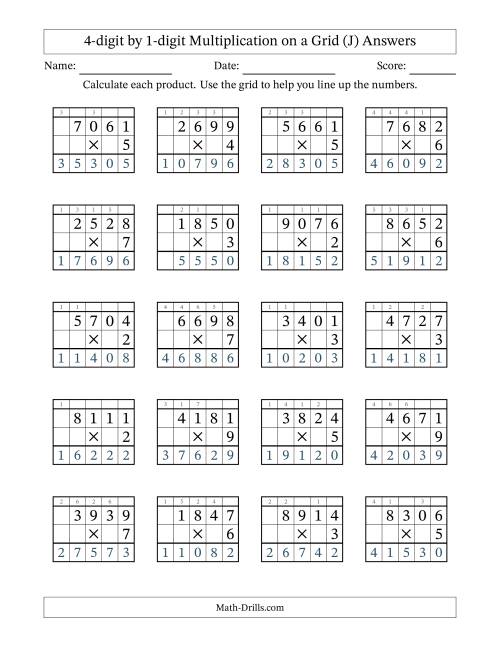 The 4-digit by 1-digit Multiplication with Grid Support Including Regrouping (J) Math Worksheet Page 2