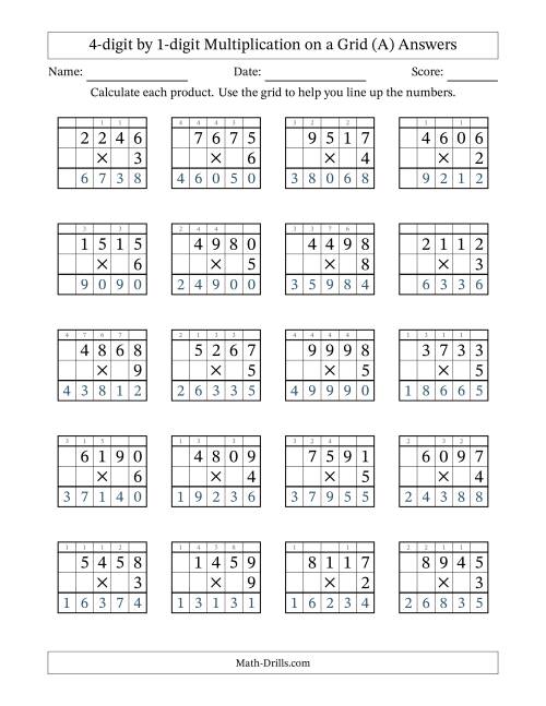 The 4-digit by 1-digit Multiplication with Grid Support Including Regrouping (All) Math Worksheet Page 2
