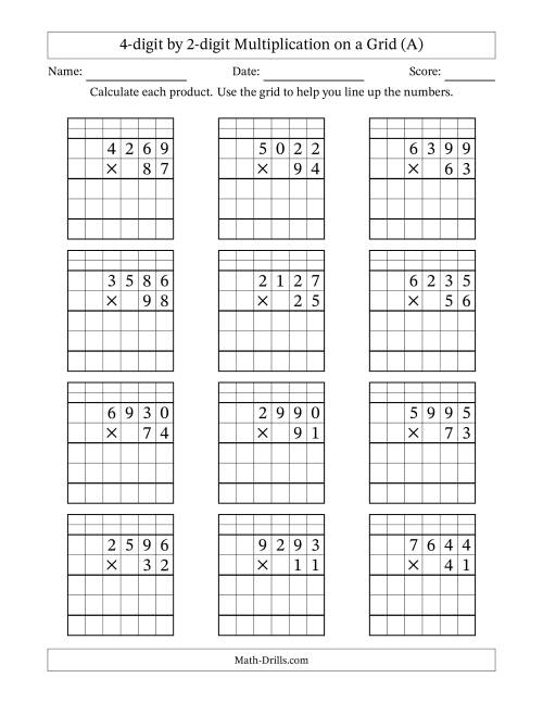 The 4-Digit by 2-Digit Multiplication with Grid Support (A) Math Worksheet
