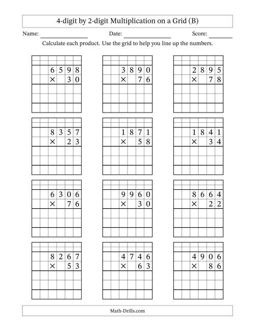 The 4-digit by 2-digit Multiplication with Grid Support Including Regrouping (B) Math Worksheet
