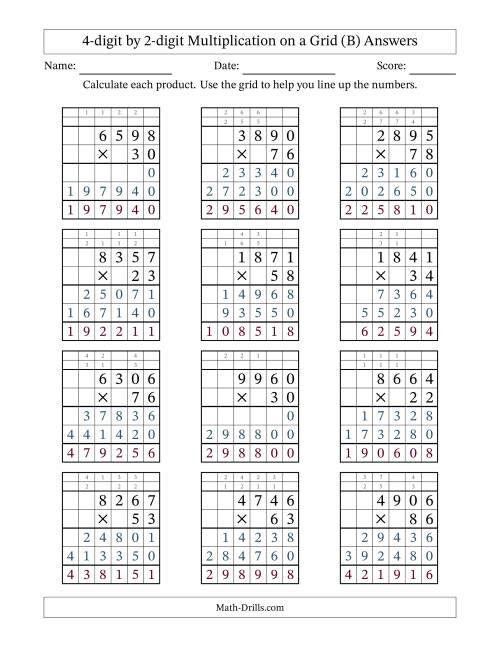 The 4-Digit by 2-Digit Multiplication with Grid Support (B) Math Worksheet Page 2