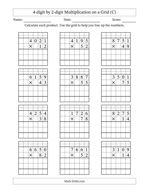 The 4-Digit by 2-Digit Multiplication with Grid Support (C) Math Worksheet