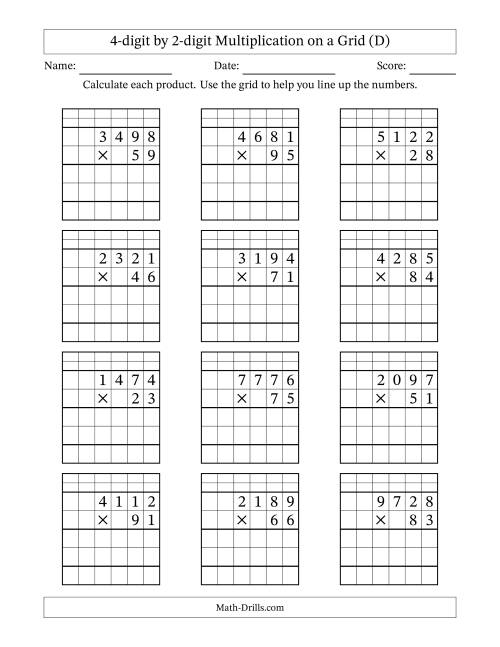 The 4-digit by 2-digit Multiplication with Grid Support Including Regrouping (D) Math Worksheet