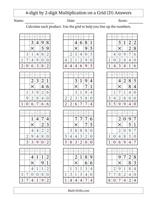 The 4-Digit by 2-Digit Multiplication with Grid Support (D) Math Worksheet Page 2