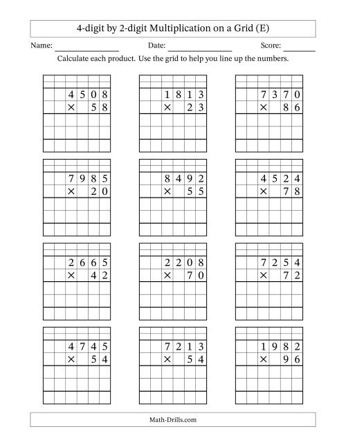 The 4-digit by 2-digit Multiplication with Grid Support (E) Math Worksheet