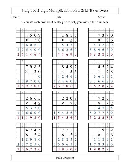 The 4-Digit by 2-Digit Multiplication with Grid Support (E) Math Worksheet Page 2