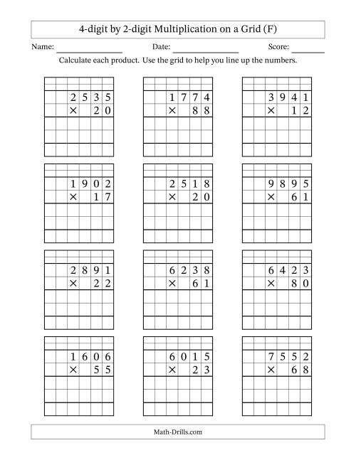 The 4-digit by 2-digit Multiplication with Grid Support Including Regrouping (F) Math Worksheet