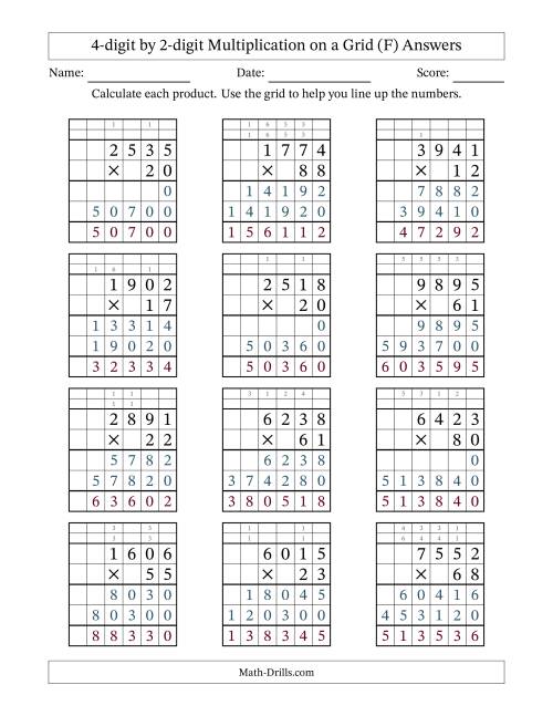 The 4-digit by 2-digit Multiplication with Grid Support (F) Math Worksheet Page 2