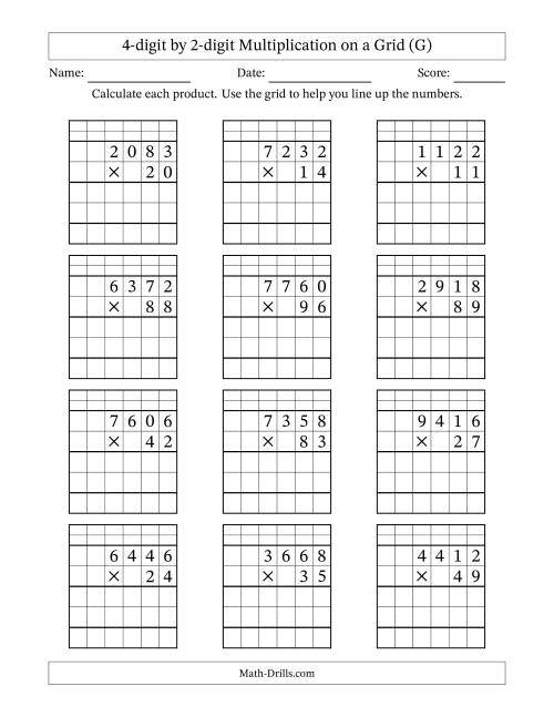 The 4-digit by 2-digit Multiplication with Grid Support Including Regrouping (G) Math Worksheet