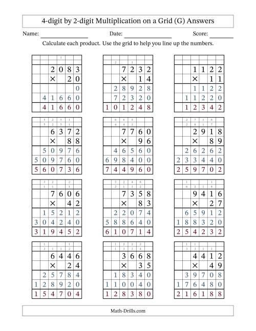 The 4-Digit by 2-Digit Multiplication with Grid Support (G) Math Worksheet Page 2