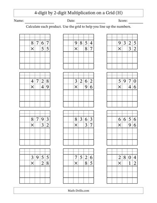 The 4-digit by 2-digit Multiplication with Grid Support Including Regrouping (H) Math Worksheet