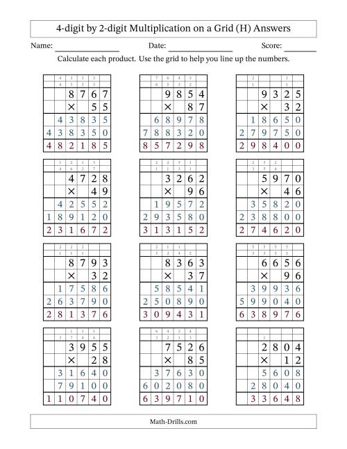 The 4-digit by 2-digit Multiplication with Grid Support (H) Math Worksheet Page 2