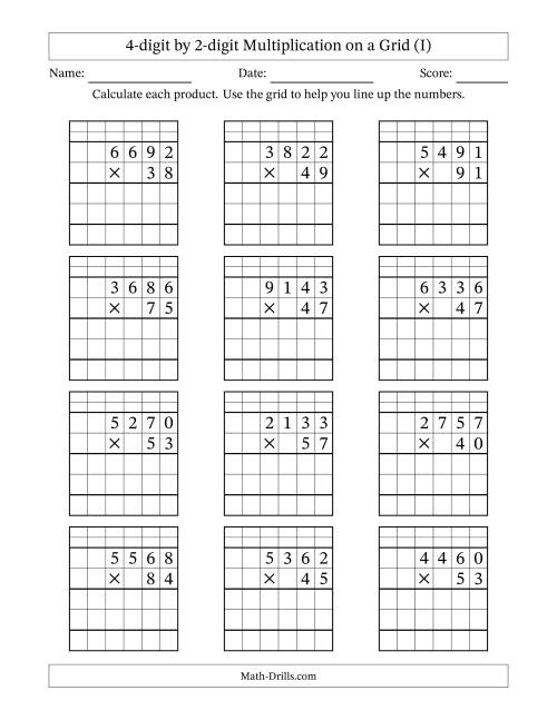 The 4-digit by 2-digit Multiplication with Grid Support Including Regrouping (I) Math Worksheet