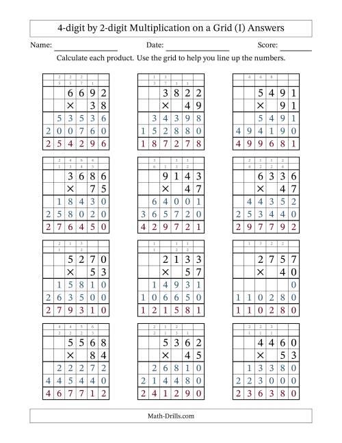 The 4-digit by 2-digit Multiplication with Grid Support Including Regrouping (I) Math Worksheet Page 2