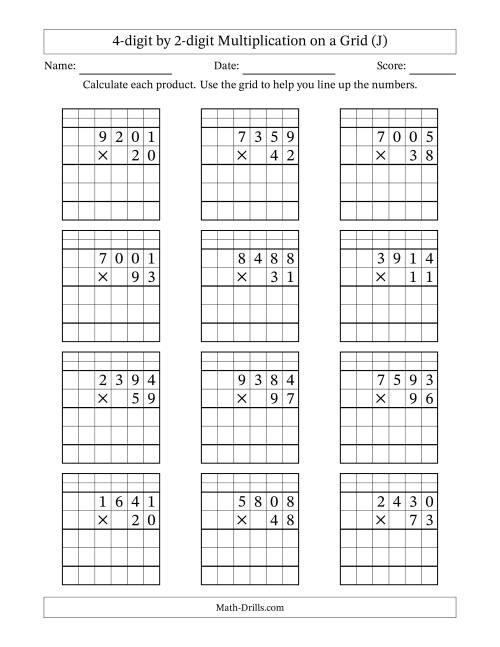 The 4-digit by 2-digit Multiplication with Grid Support Including Regrouping (J) Math Worksheet