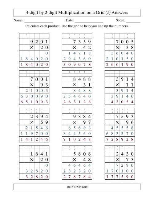 The 4-Digit by 2-Digit Multiplication with Grid Support (J) Math Worksheet Page 2