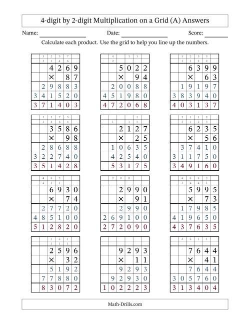 The 4-digit by 2-digit Multiplication with Grid Support Including Regrouping (All) Math Worksheet Page 2