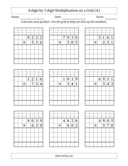 4-digit by 3-digit Multiplication with Grid Support Including Regrouping