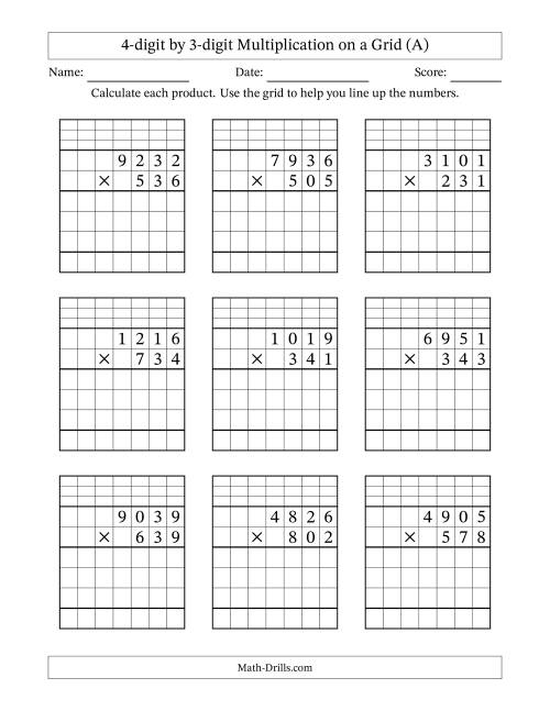 The 4-digit by 3-digit Multiplication with Grid Support (A) Math Worksheet