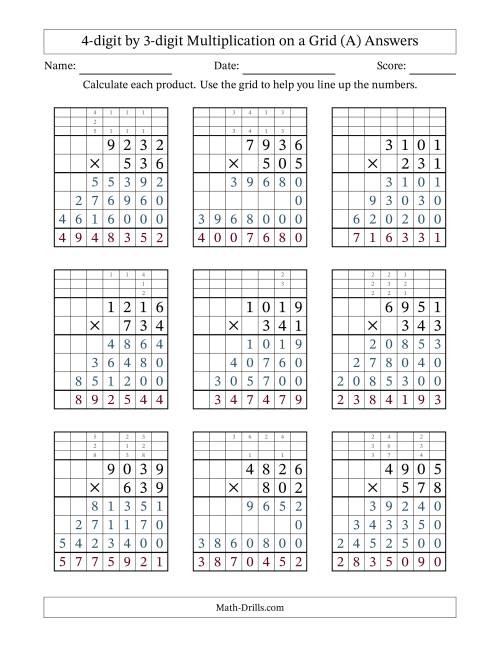 The 4-digit by 3-digit Multiplication with Grid Support (A) Math Worksheet Page 2