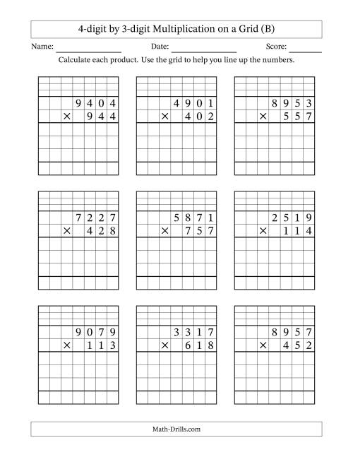The 4-Digit by 3-Digit Multiplication with Grid Support (B) Math Worksheet