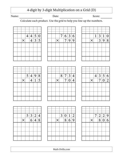 The 4-Digit by 3-Digit Multiplication with Grid Support (D) Math Worksheet