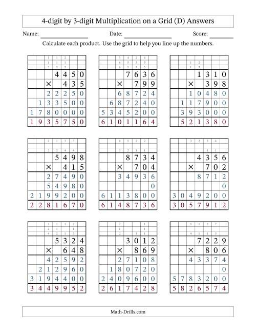 The 4-Digit by 3-Digit Multiplication with Grid Support (D) Math Worksheet Page 2