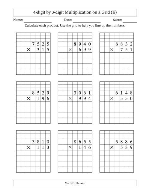 The 4-Digit by 3-Digit Multiplication with Grid Support (E) Math Worksheet