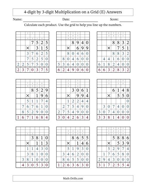 The 4-Digit by 3-Digit Multiplication with Grid Support (E) Math Worksheet Page 2
