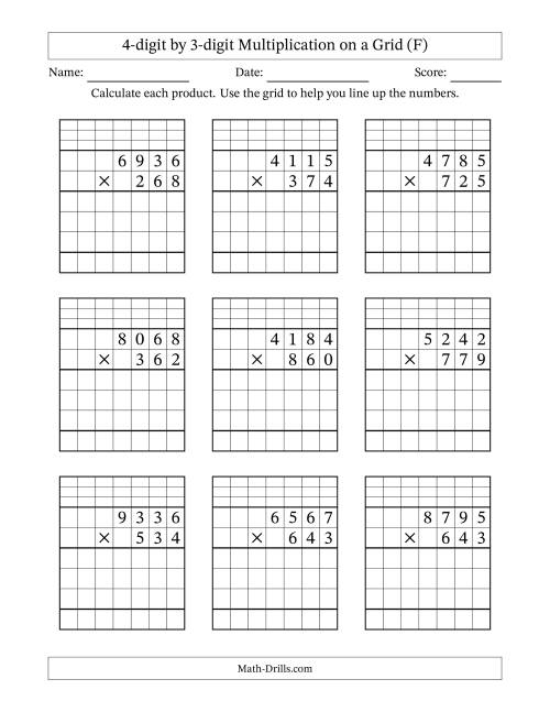 The 4-digit by 3-digit Multiplication with Grid Support Including Regrouping (F) Math Worksheet