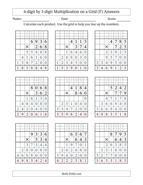 The 4-Digit by 3-Digit Multiplication with Grid Support (F) Math Worksheet Page 2