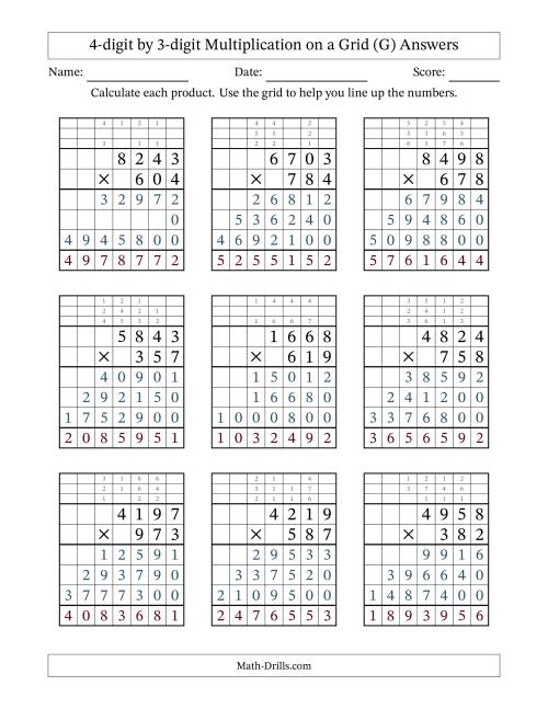 The 4-Digit by 3-Digit Multiplication with Grid Support (G) Math Worksheet Page 2