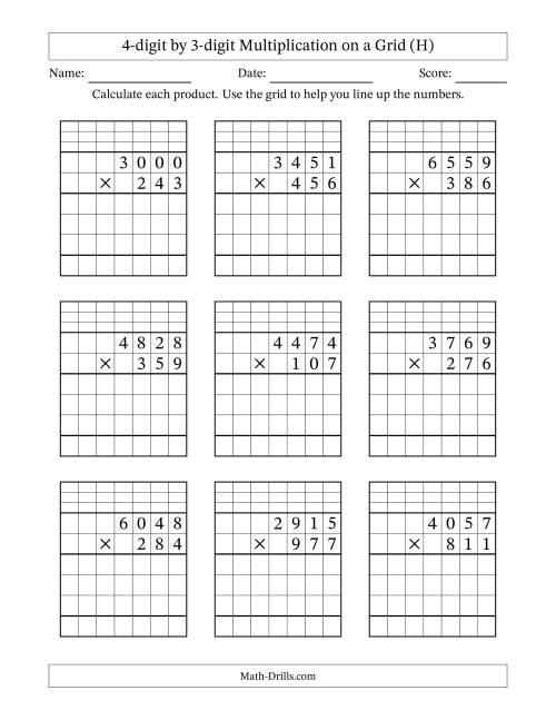 The 4-digit by 3-digit Multiplication with Grid Support Including Regrouping (H) Math Worksheet