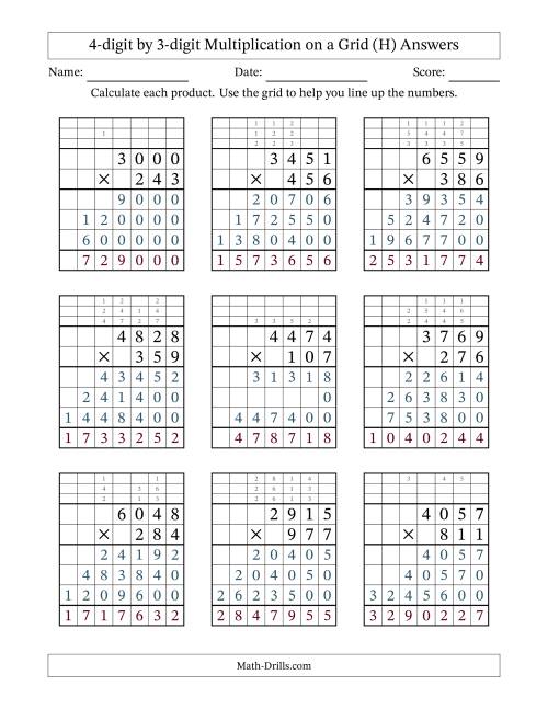 The 4-Digit by 3-Digit Multiplication with Grid Support (H) Math Worksheet Page 2
