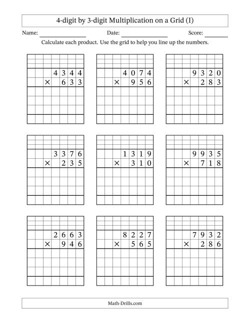 The 4-digit by 3-digit Multiplication with Grid Support Including Regrouping (I) Math Worksheet