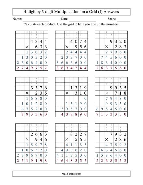 The 4-digit by 3-digit Multiplication with Grid Support Including Regrouping (I) Math Worksheet Page 2