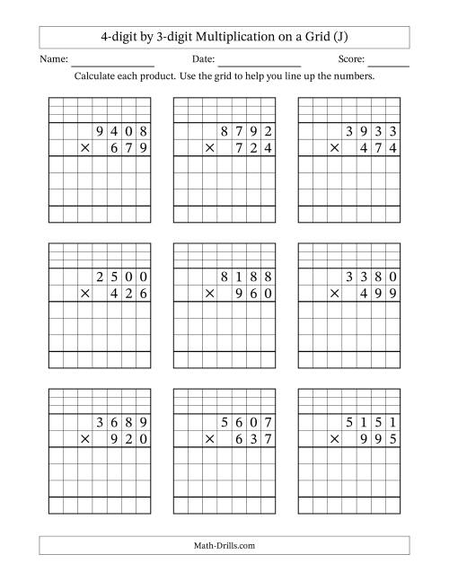 The 4-digit by 3-digit Multiplication with Grid Support Including Regrouping (J) Math Worksheet