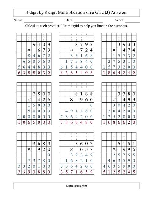 The 4-Digit by 3-Digit Multiplication with Grid Support (J) Math Worksheet Page 2