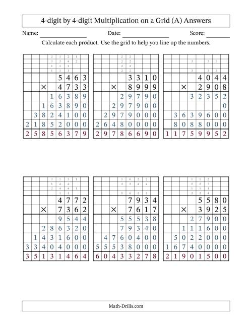 The 4-digit by 4-digit Multiplication with Grid Support Including Regrouping (A) Math Worksheet Page 2