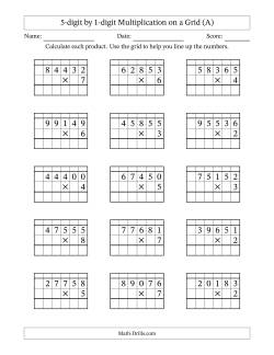 5-digit by 1-digit Multiplication with Grid Support