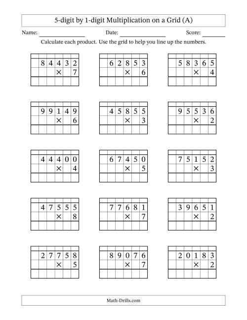 The 5-digit by 1-digit Multiplication with Grid Support (A) Math Worksheet