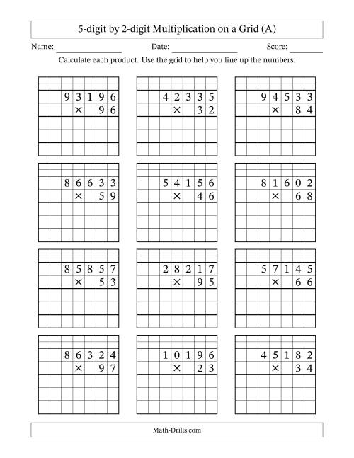 The 5-digit by 2-digit Multiplication with Grid Support Including Regrouping (A) Math Worksheet