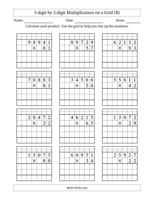 The 5-digit by 2-digit Multiplication with Grid Support Including Regrouping (B) Math Worksheet