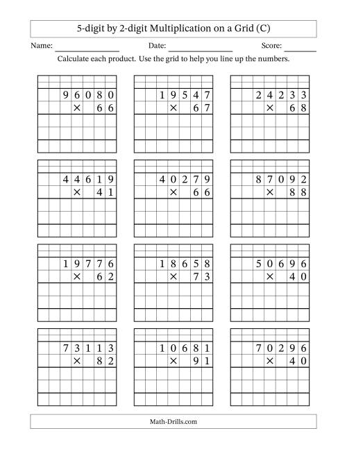 The 5-digit by 2-digit Multiplication with Grid Support Including Regrouping (C) Math Worksheet